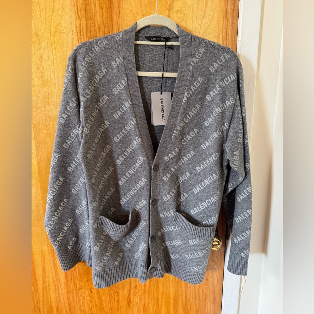 Balenciaga Cashmere/wool Allover Logo Cardigan Grey